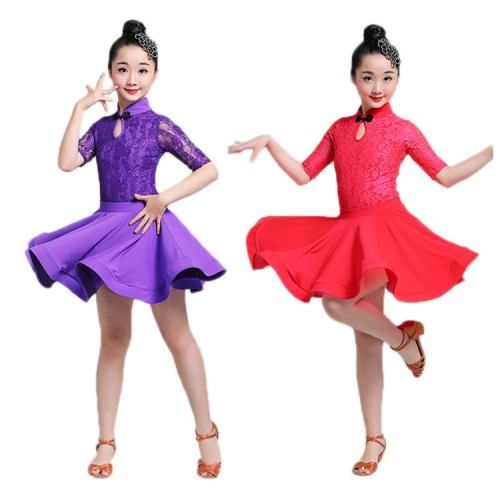 Girls lace latin dance dresses stage performance  leotard top and skirts competition professional samba chacha rumba dance dresses